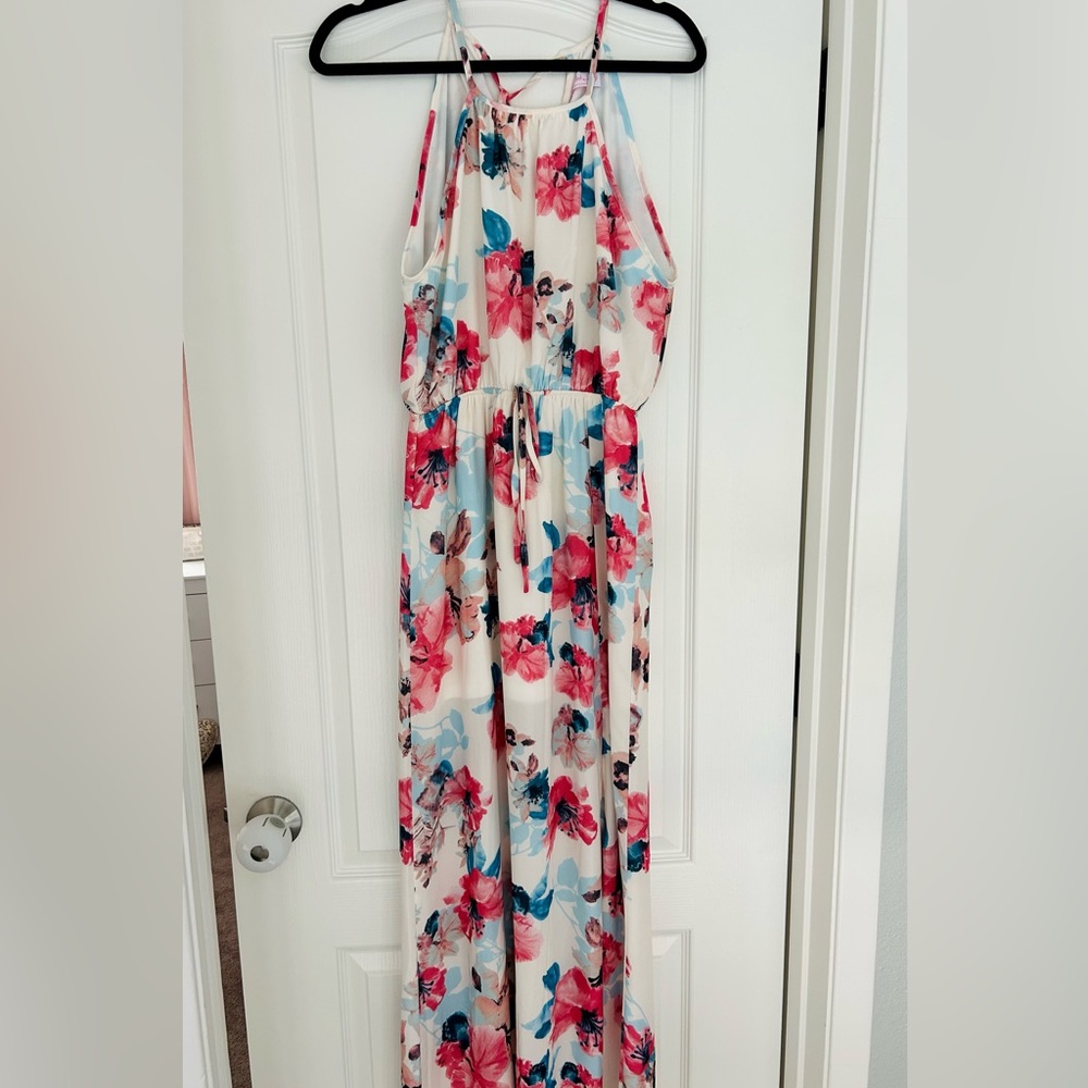 Pink Lily Floral Maxi Dress - Pink, Blue, Cream